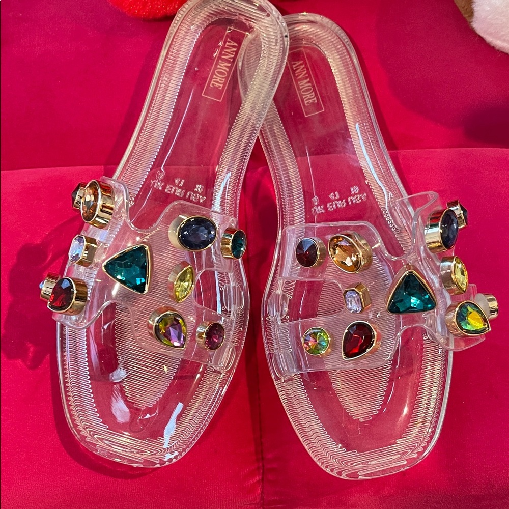 Colorful Gem Embellished Clear Slides